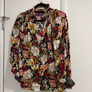 Alice + Olivia Black Floral V-Neck Blouse with Tie